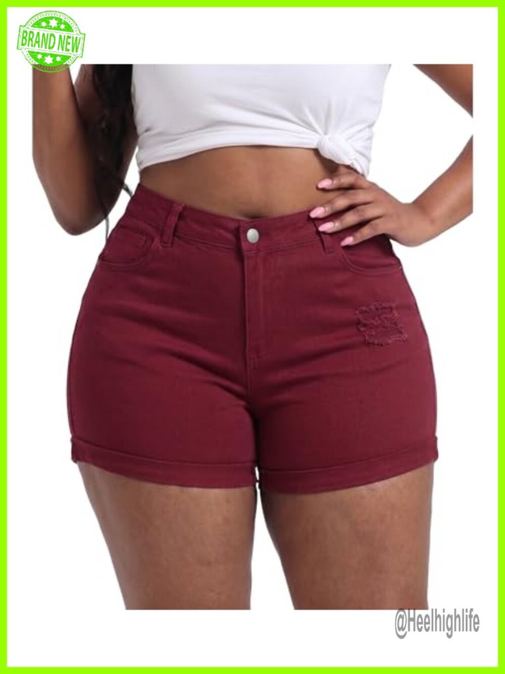 Plus Size High Waisted Stretchy Denim Shorts Fold Hem Casual Summer